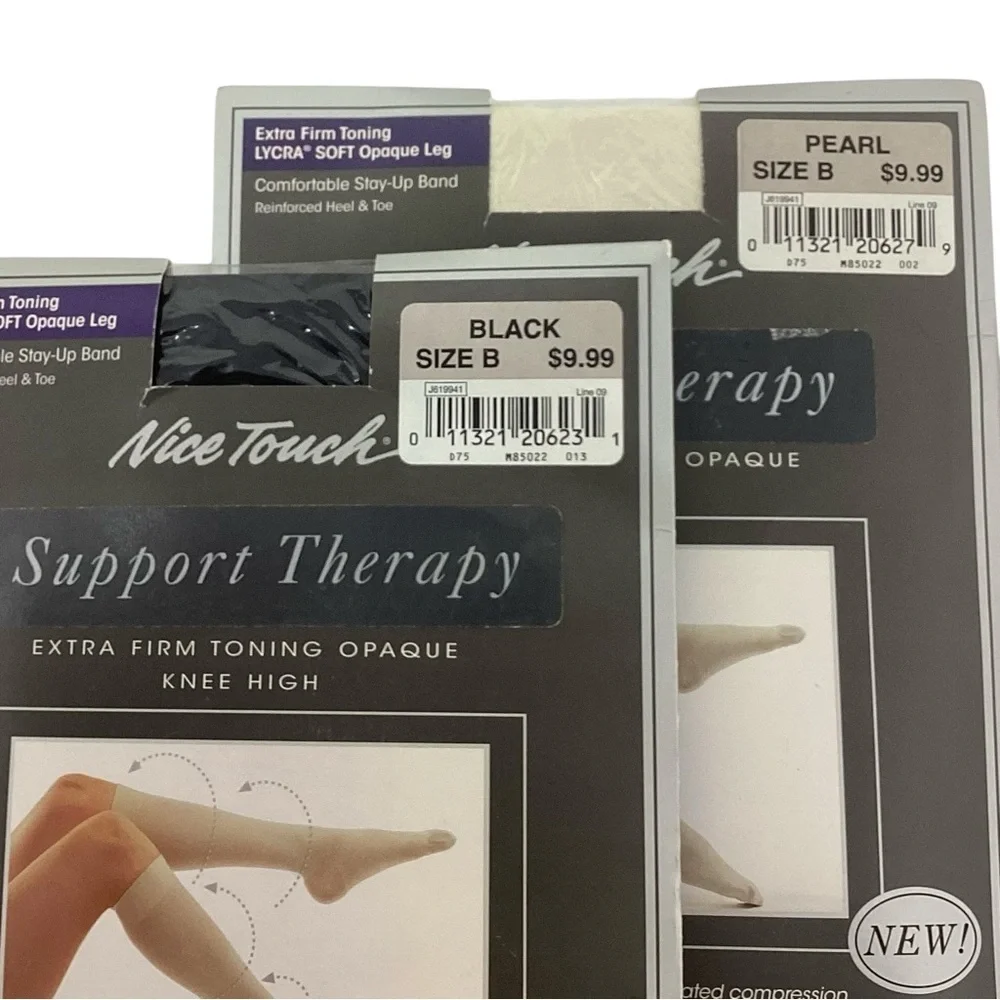 Nice Touch Support Therapy Extra Firm Toning Opaque Knee Highs Black & Pearl NIB